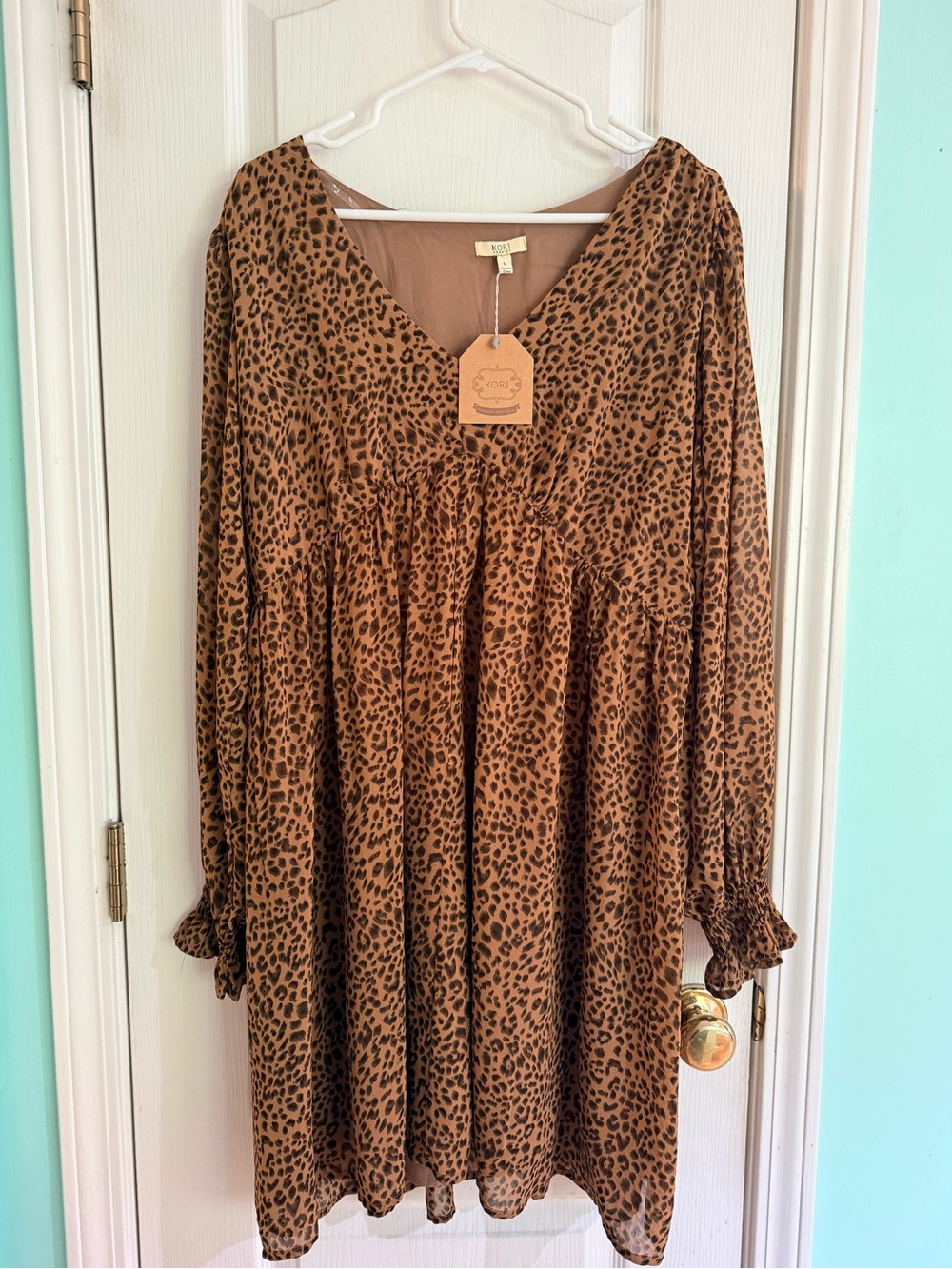 Kori Brown Leopard Print V-Neck Long Sleeve Dress
